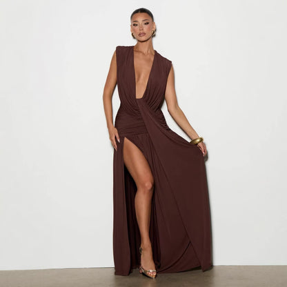 Asymmetrical Bodycon Midi Dress with Deep V Neck and Ruched Detail
