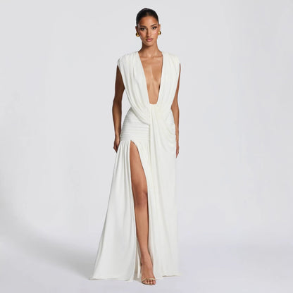 Asymmetrical Bodycon Midi Dress with Deep V Neck and Ruched Detail