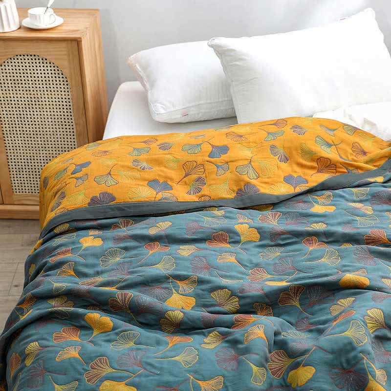 Reversible Cotton Blanket with Ginkgo Leaf Design for Bedroom