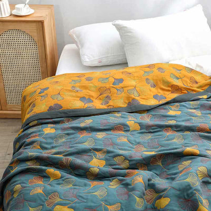 Reversible Cotton Blanket with Ginkgo Leaf Design for Bedroom