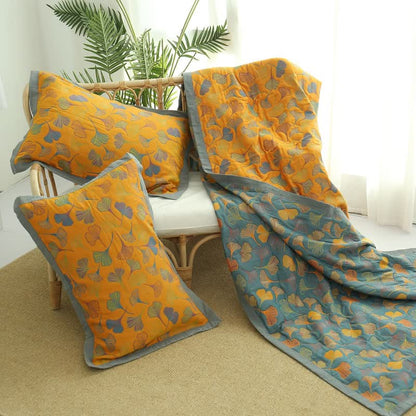 Reversible Cotton Blanket with Ginkgo Leaf Design for Bedroom