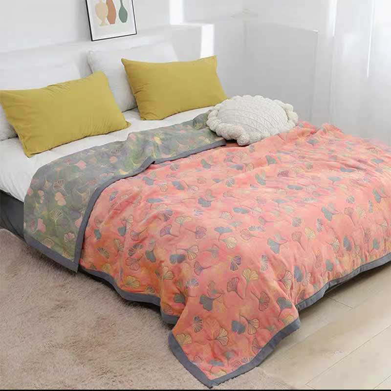 Reversible Cotton Blanket with Ginkgo Leaf Design for Bedroom