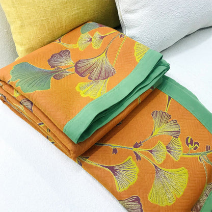 Reversible Quilted Blanket with Jacquard Cotton Ginkgo Leaves
