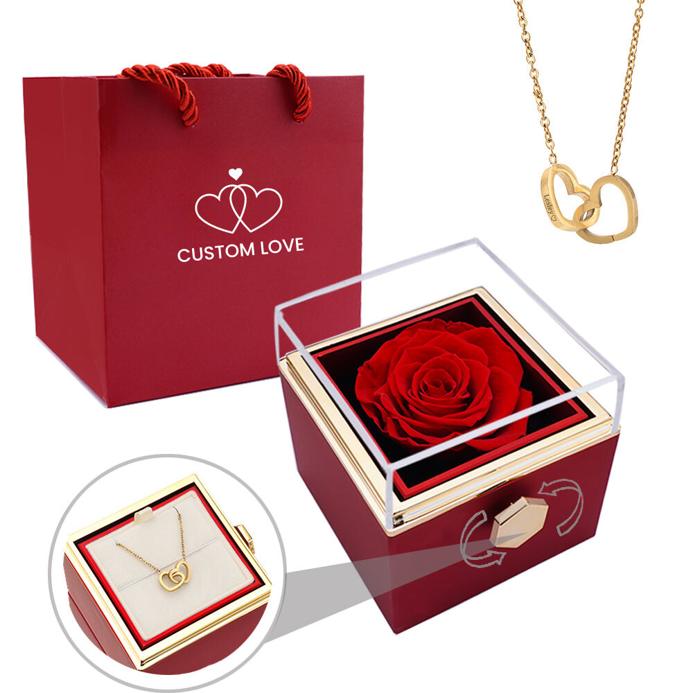 Jewelry Box with Eternal Rose and Heart Pendant – 14k White Gold & 18k Gold Finish