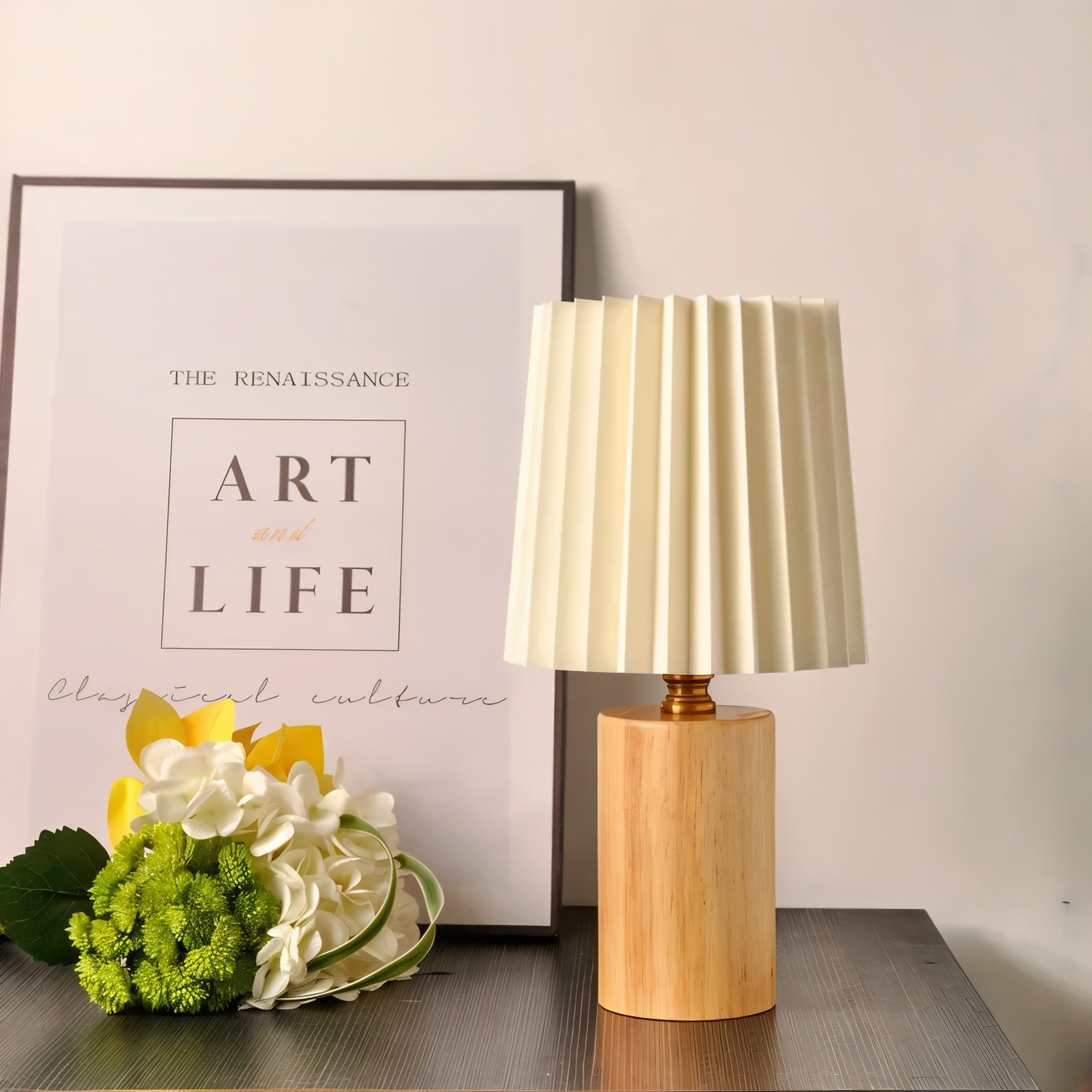 Nordic Style Wooden Lamp with Pleated Fabric Shade