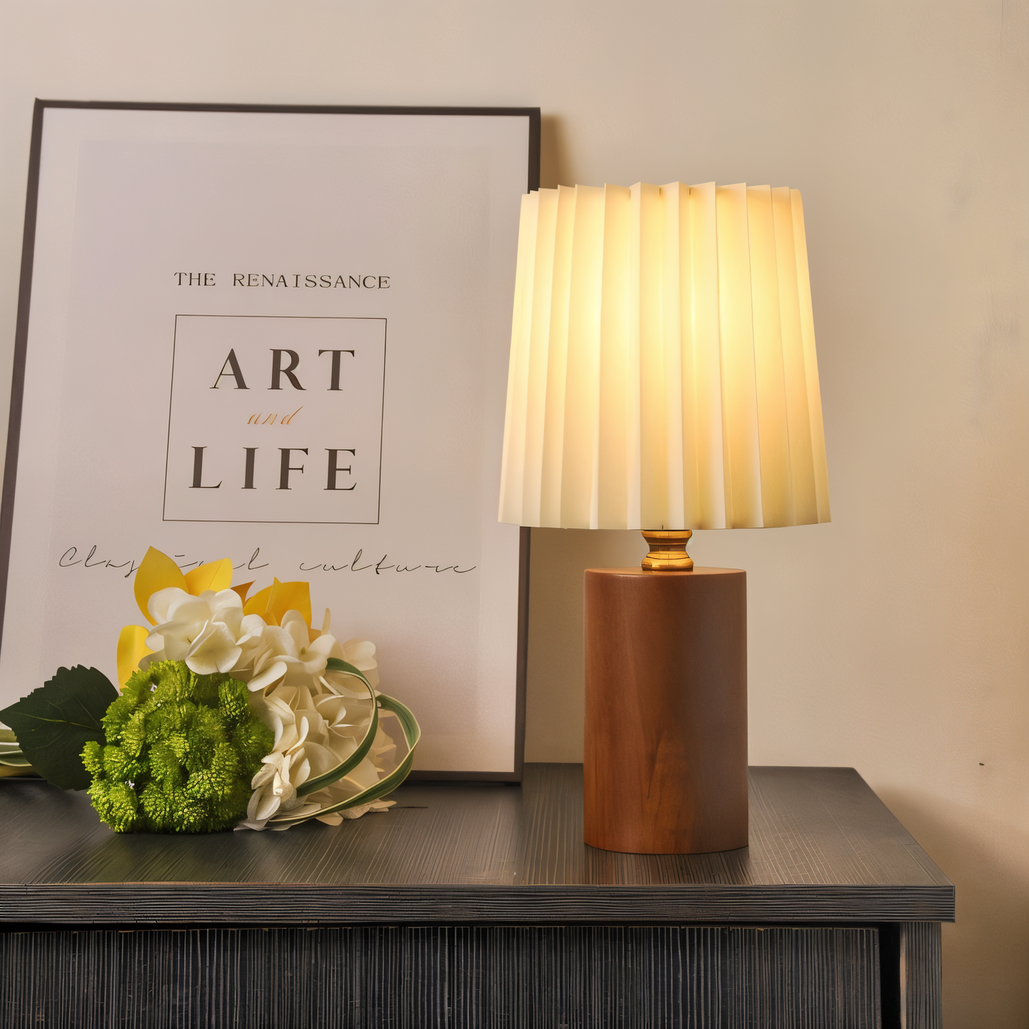 Nordic Style Wooden Lamp with Pleated Fabric Shade