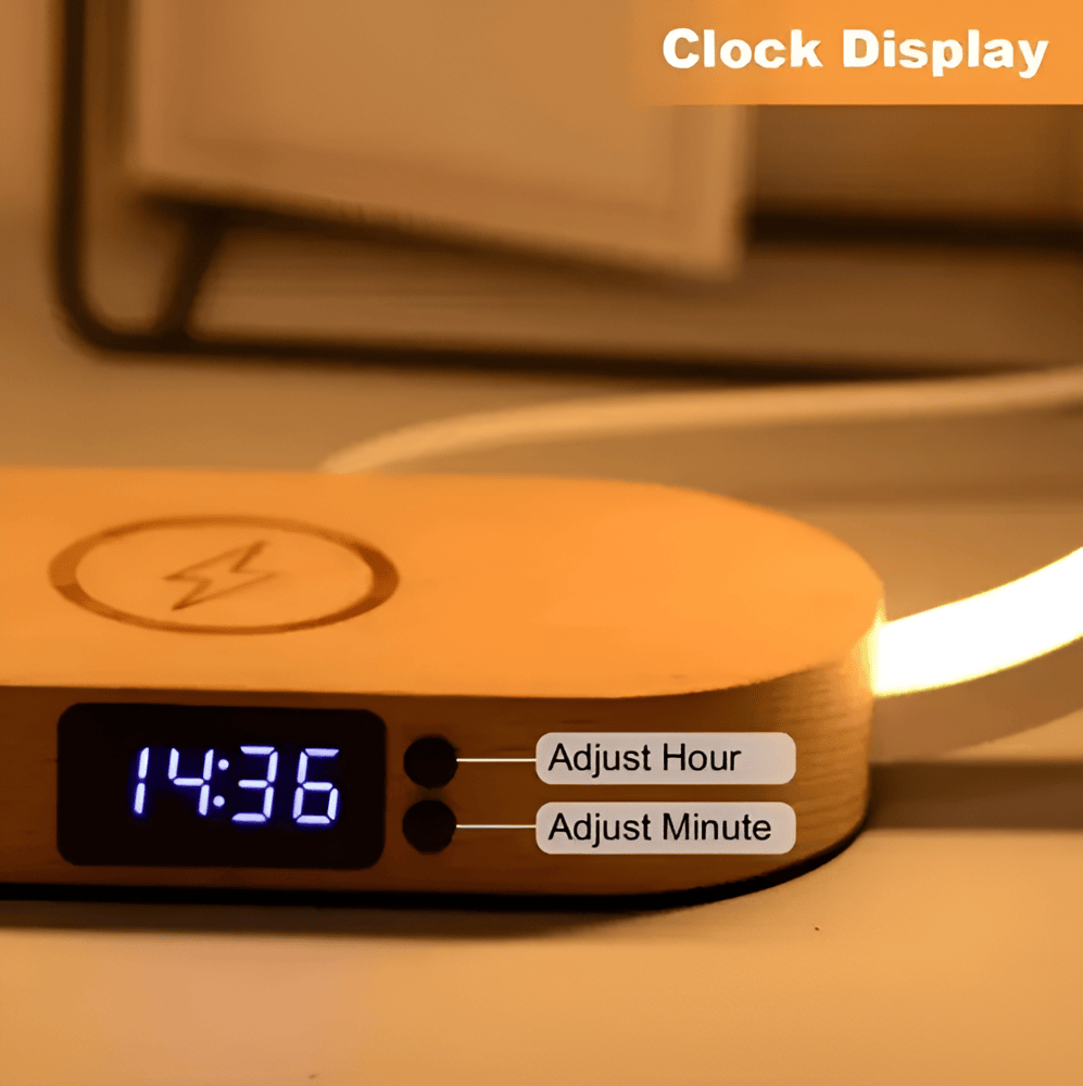 LED Night Light with Wireless Charging and Digital Clock – Multifunctional Bedside Lamp