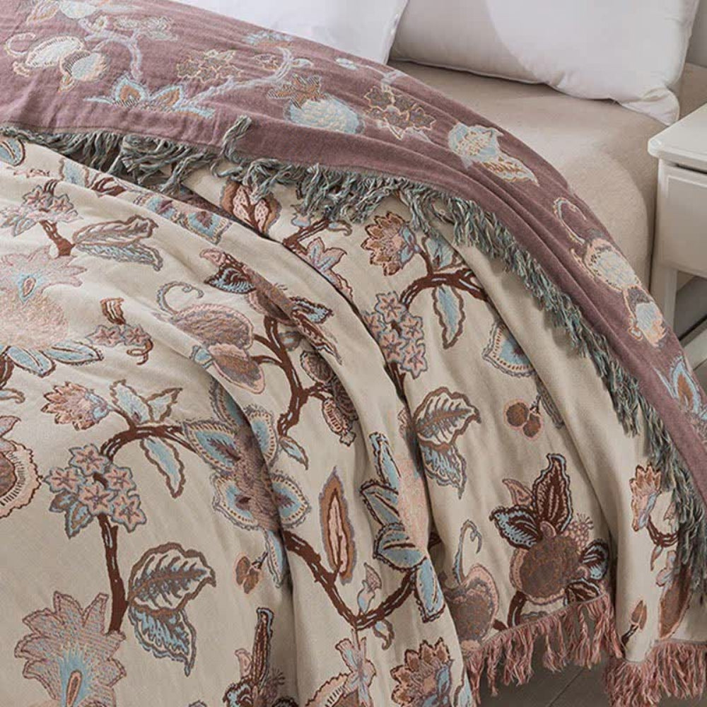 Serenity Blooms Cotton Bed Cover with Tassel Edging