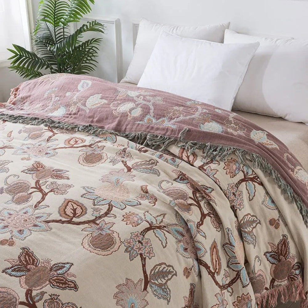 Serenity Blooms Cotton Bed Cover with Tassel Edging