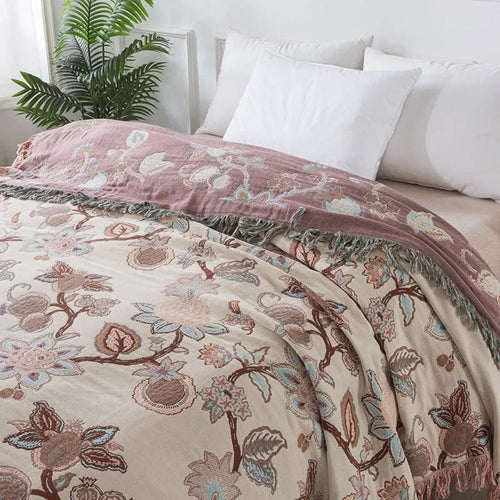 Serenity Blooms Cotton Bed Cover with Tassel Edging