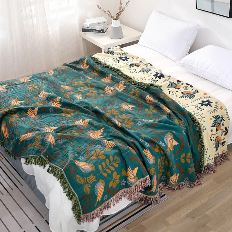 Reversible Cotton Blanket with Bird and Floral Print in Boho Style
