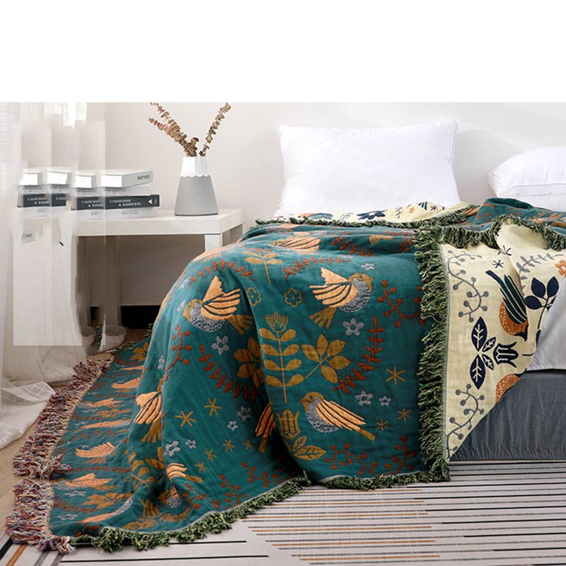 Reversible Cotton Blanket with Bird and Floral Print in Boho Style