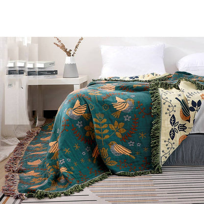 Reversible Cotton Blanket with Bird and Floral Print in Boho Style