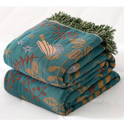 Reversible Cotton Blanket with Bird and Floral Print in Boho Style