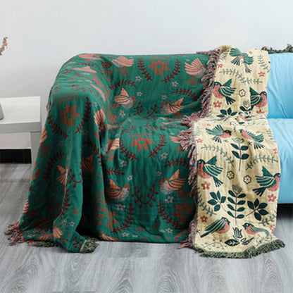 Reversible Cotton Blanket with Bird and Floral Print in Boho Style
