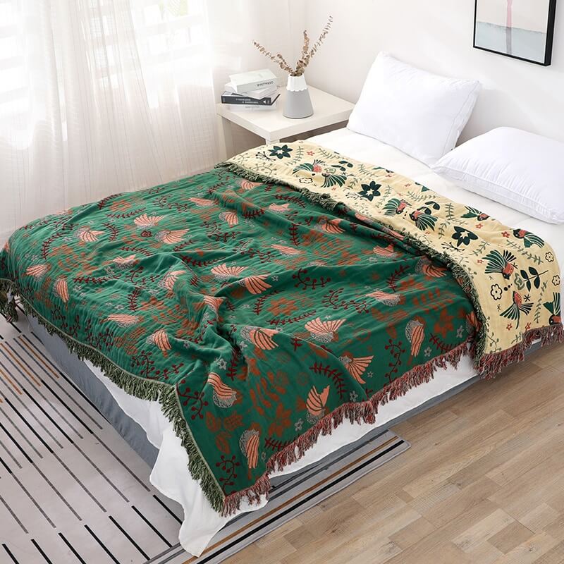 Reversible Cotton Blanket with Bird and Floral Print in Boho Style