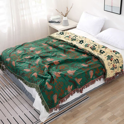 Reversible Cotton Blanket with Bird and Floral Print in Boho Style