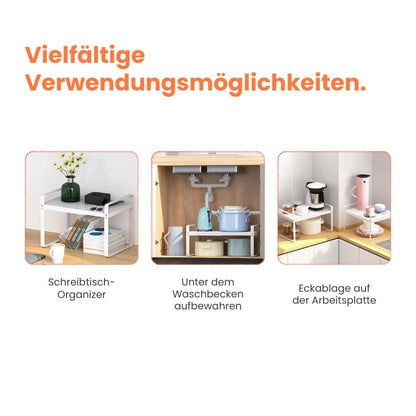 Expandable Kitchen Shelf - Space-Saving Metal Organizer, Adjustable & Stackable for Home, Bathroom & Office