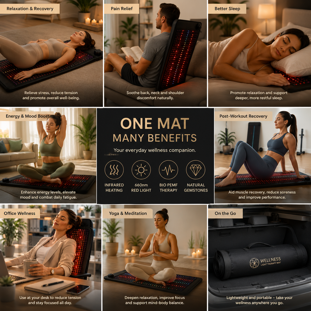 Infrared Heating Mat with PEMF Therapy – 19 x 34 in, 660nm LEDs, Amethyst, Tourmaline & Jade, 85–159°F