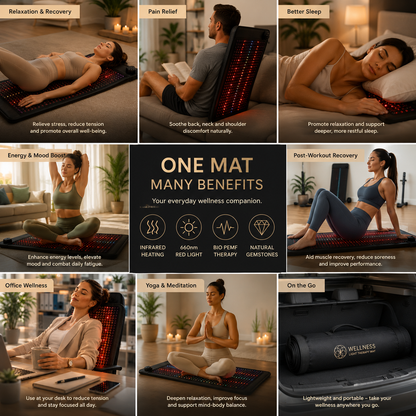 Infrared Heating Mat with PEMF Therapy – 19 x 34 in, 660nm LEDs, Amethyst, Tourmaline & Jade, 85–159°F