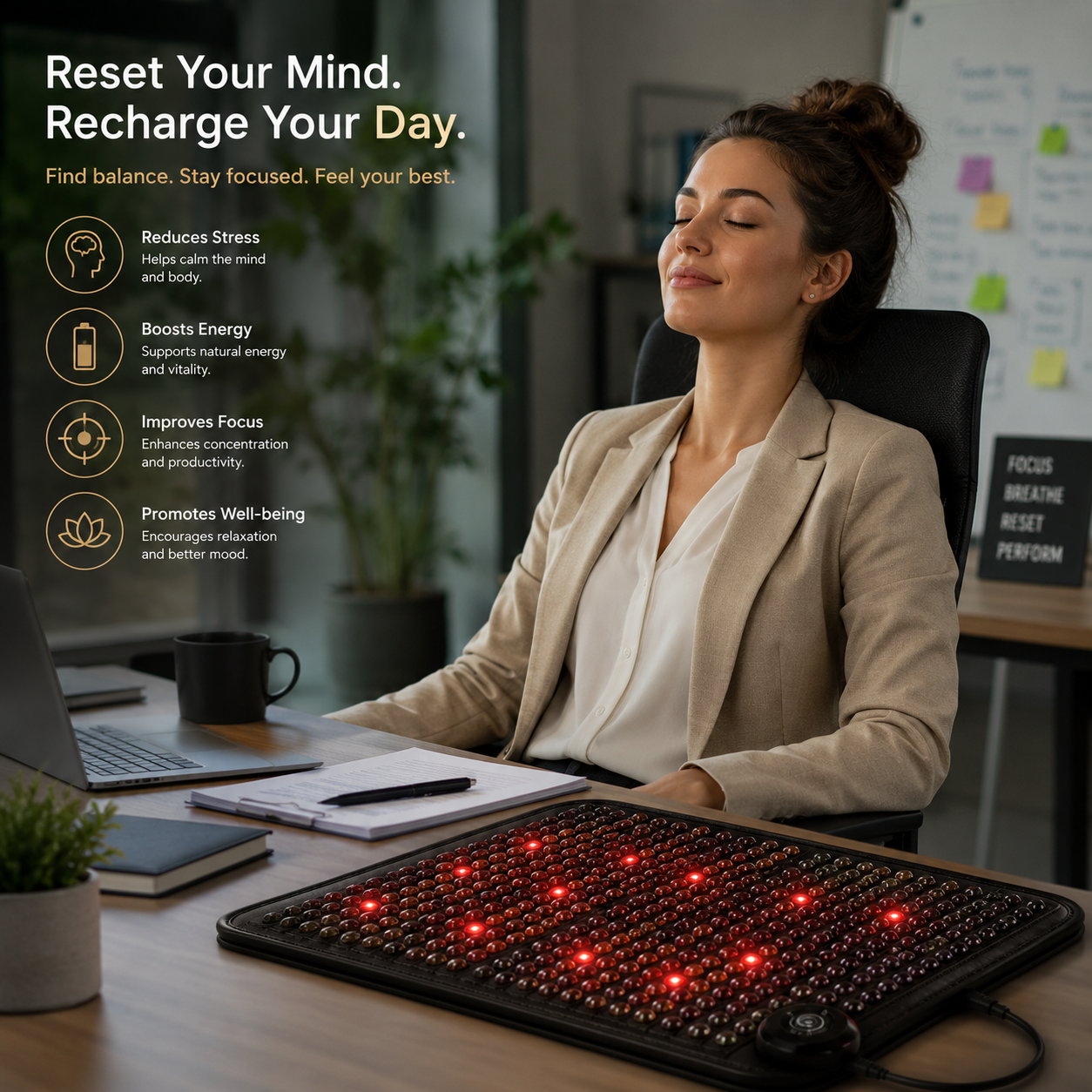 Infrared Heating Mat with PEMF Therapy – 19 x 34 in, 660nm LEDs, Amethyst, Tourmaline & Jade, 85–159°F