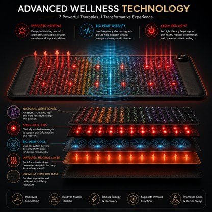 Infrared Heating Mat with PEMF Therapy – 19 x 34 in, 660nm LEDs, Amethyst, Tourmaline & Jade, 85–159°F