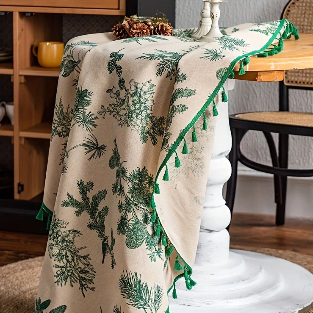 Nature-Inspired Round Table Cover with Tassel Trim