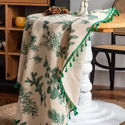 Nature-Inspired Round Table Cover with Tassel Trim