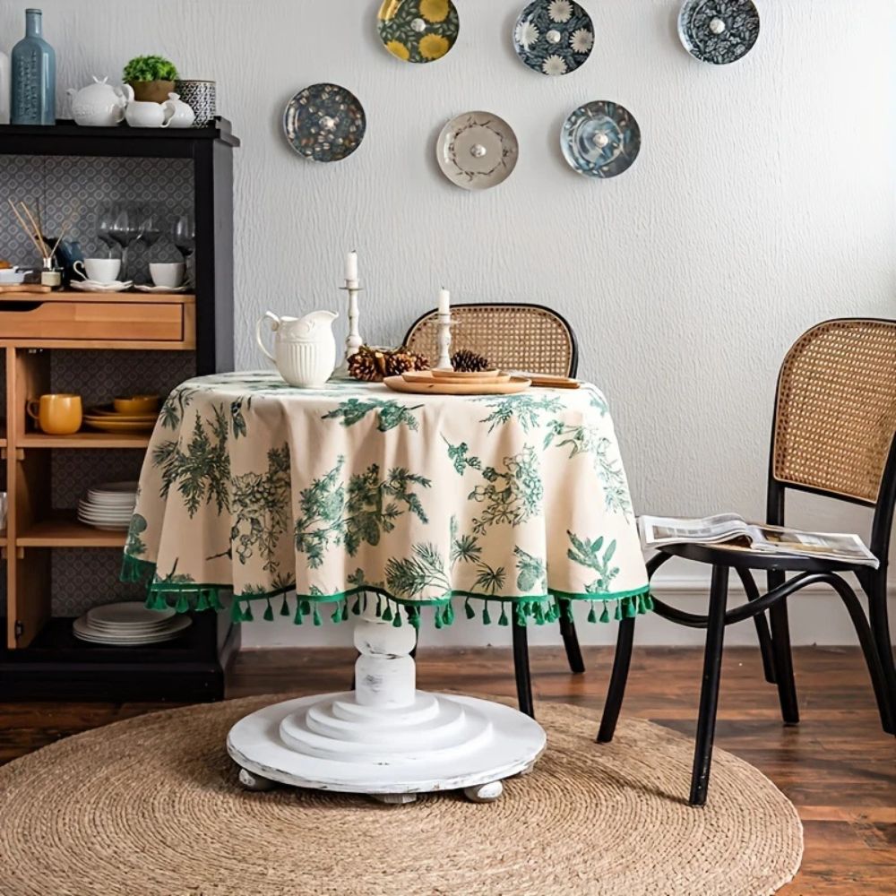 Nature-Inspired Round Table Cover with Tassel Trim