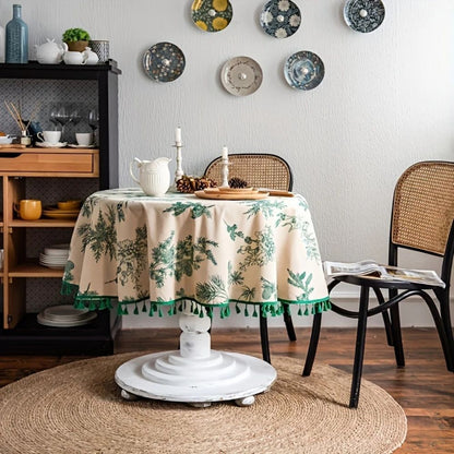 Nature-Inspired Round Table Cover with Tassel Trim
