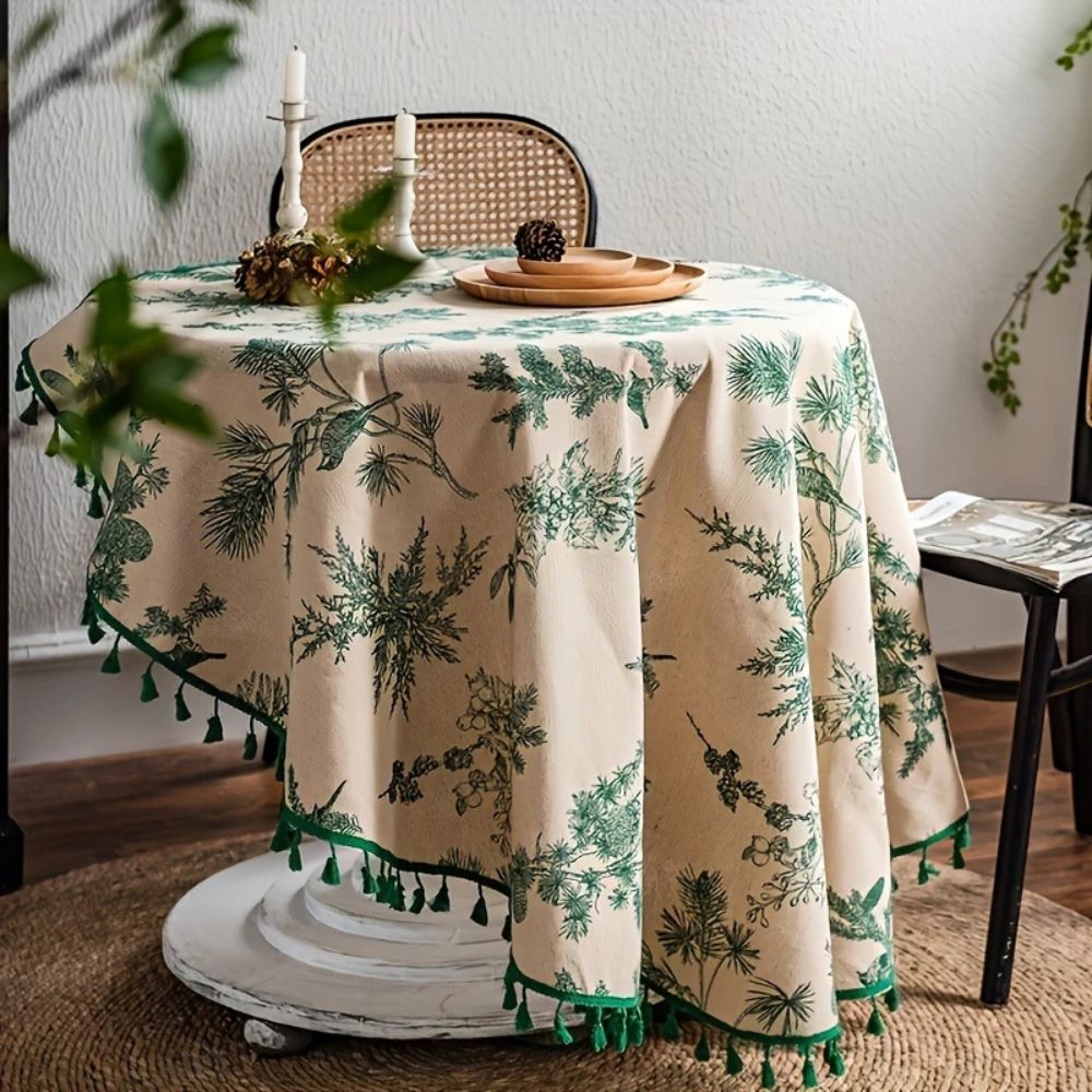 Nature-Inspired Round Table Cover with Tassel Trim