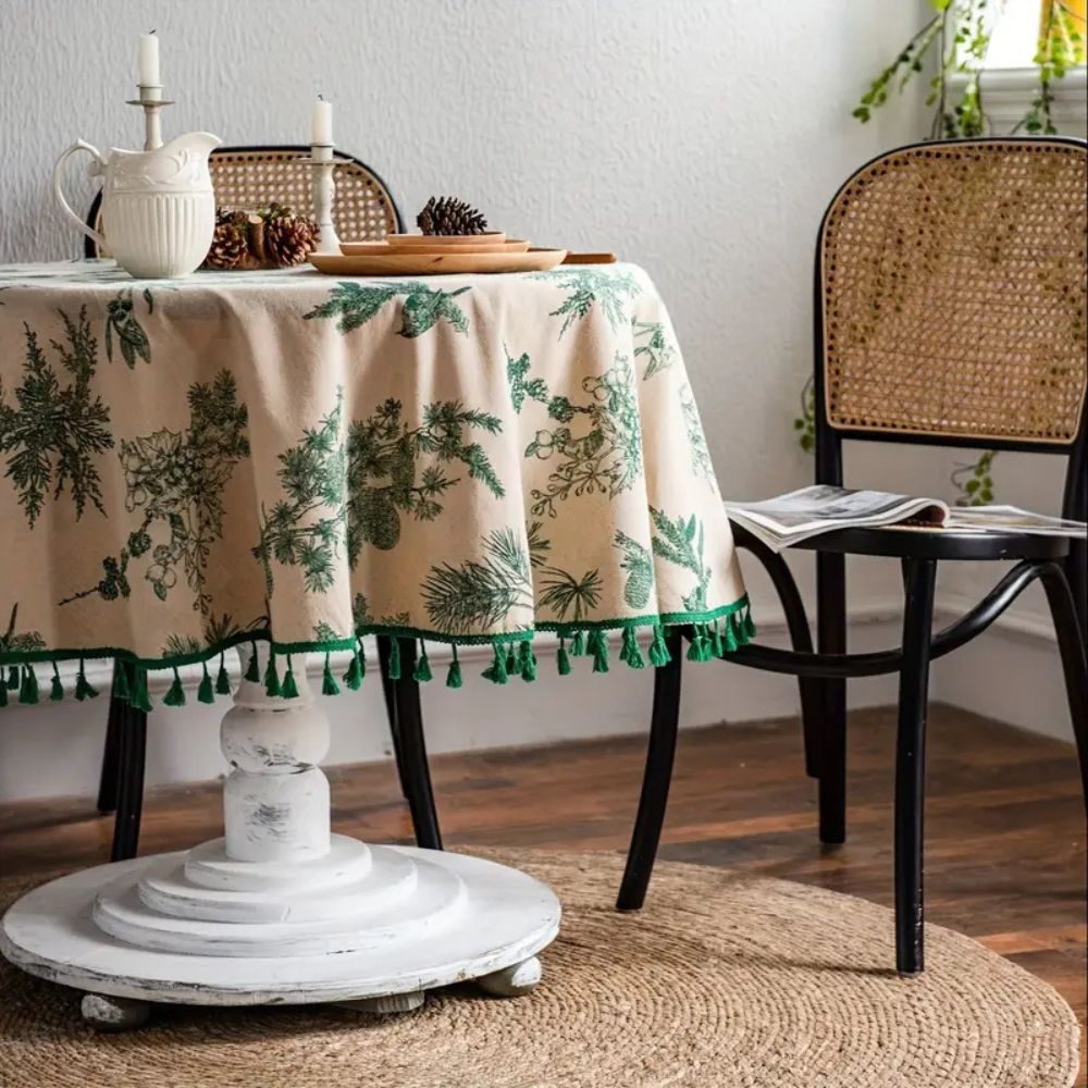 Nature-Inspired Round Table Cover with Tassel Trim
