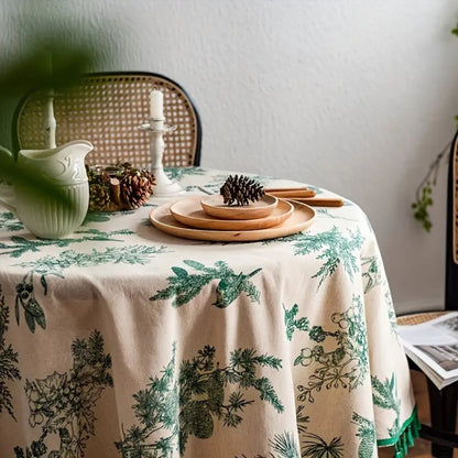 Nature-Inspired Round Table Cover with Tassel Trim