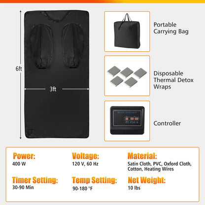 Foldable Waterproof Infrared Sauna Blanket 36 x 76 in | 6 Heat Settings, 86–176°F, Timer 1–60 Minutes, Armholes