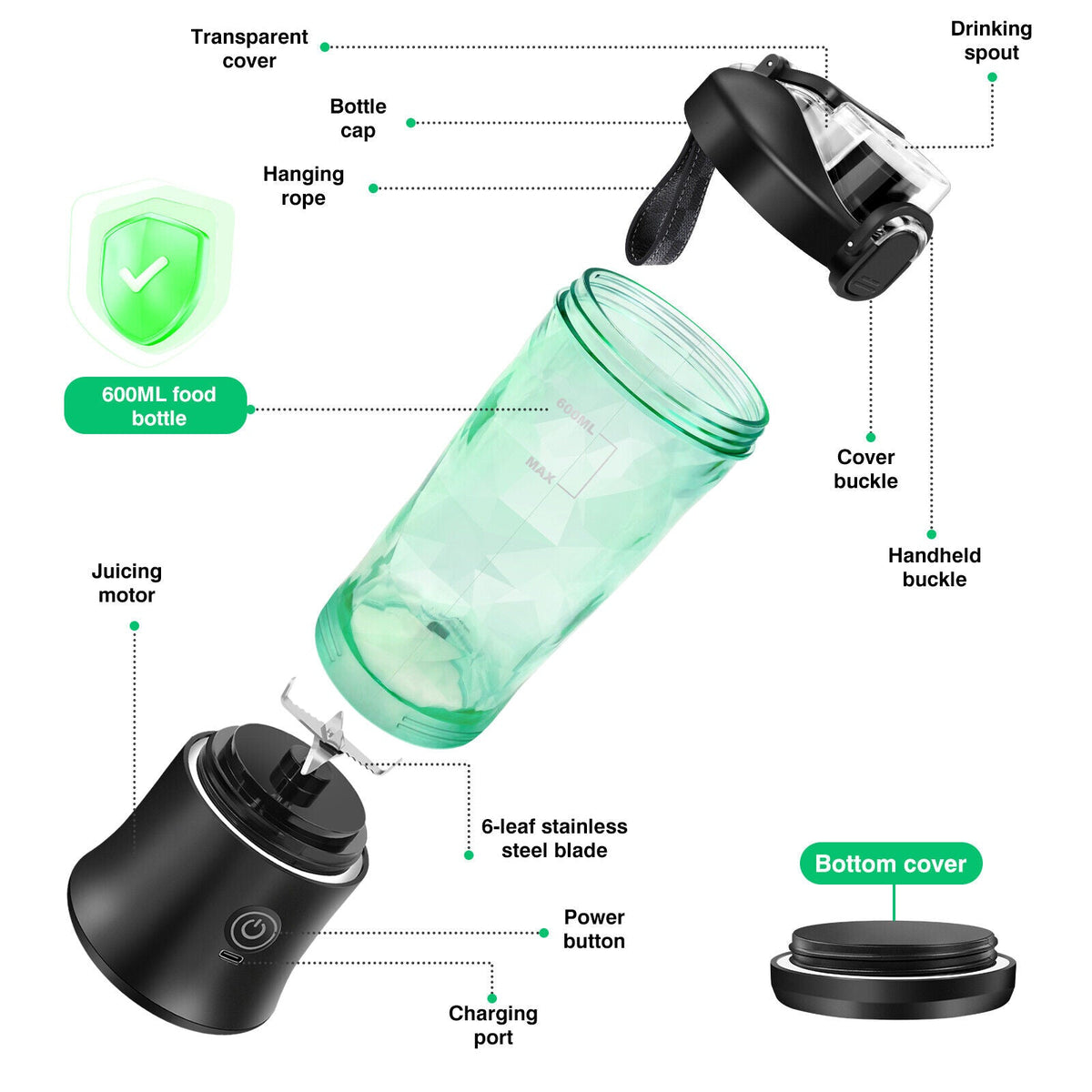 Rechargeable Portable Blender with 6 Blades – 600ML Ice-Crushing