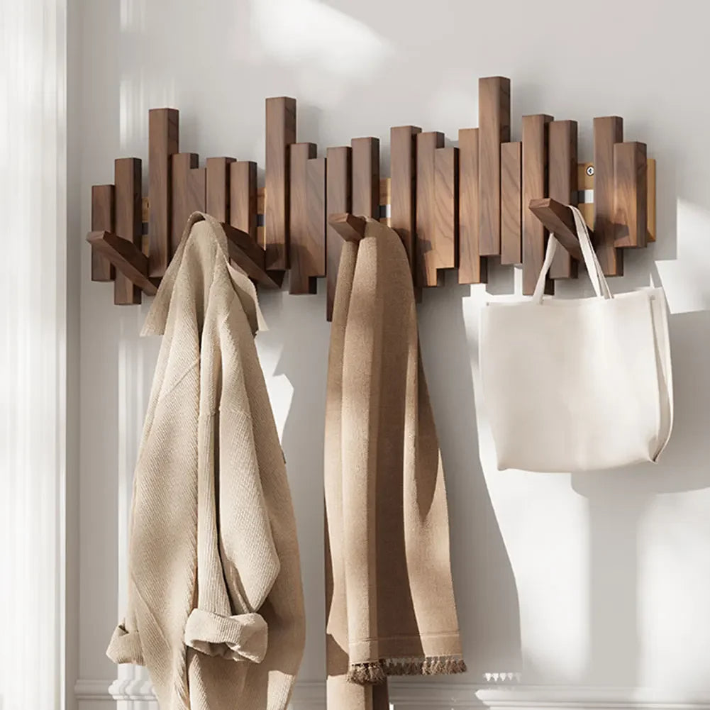 Wooden Coat Rack with Folding Hooks – Entryway Wall Organizer