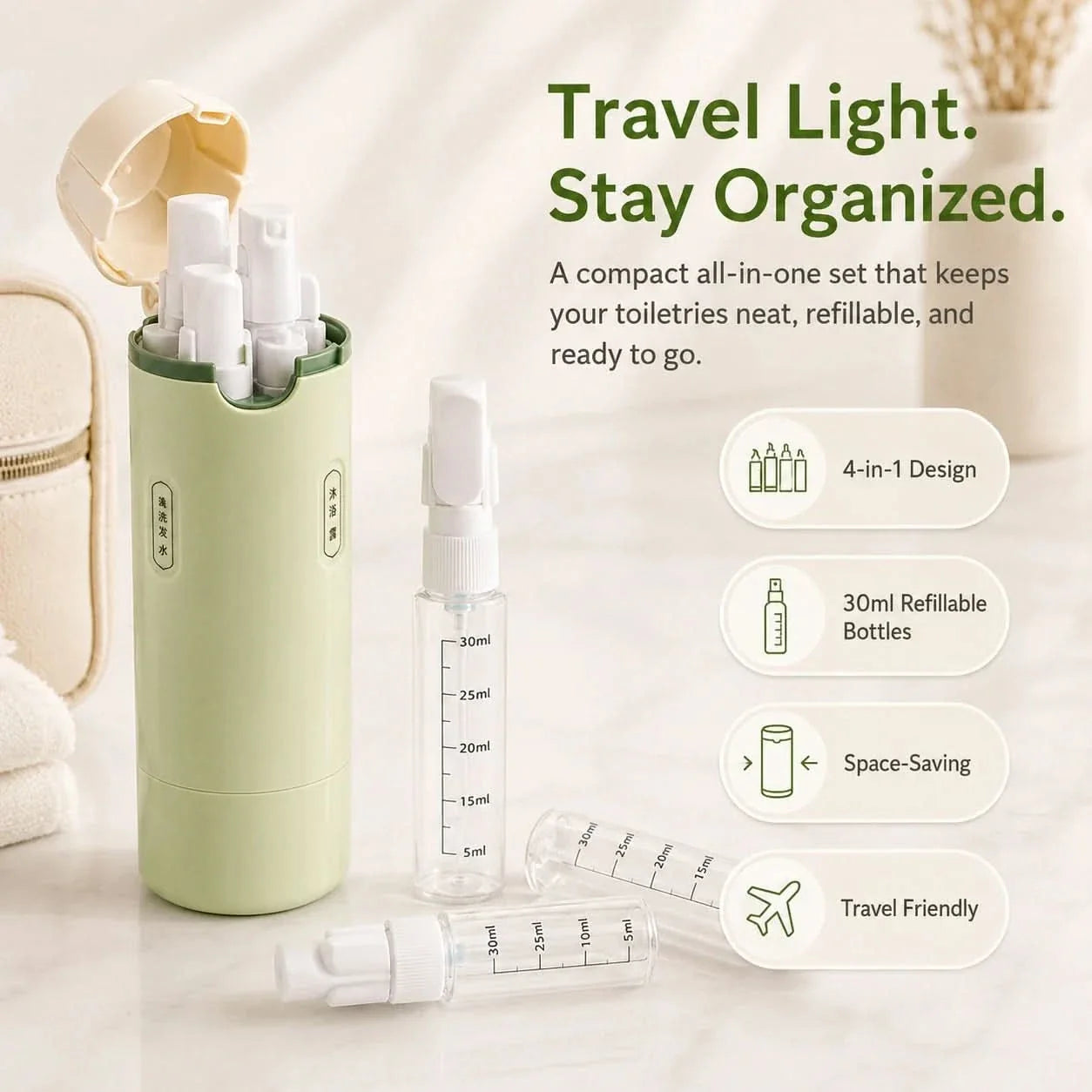 4-in-1 Travel Bottle for Easy Pouring and Dispensing