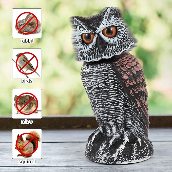 Garden Scarecrow Set – 2 Realistic Owls with Spinning Heads Powered by Wind