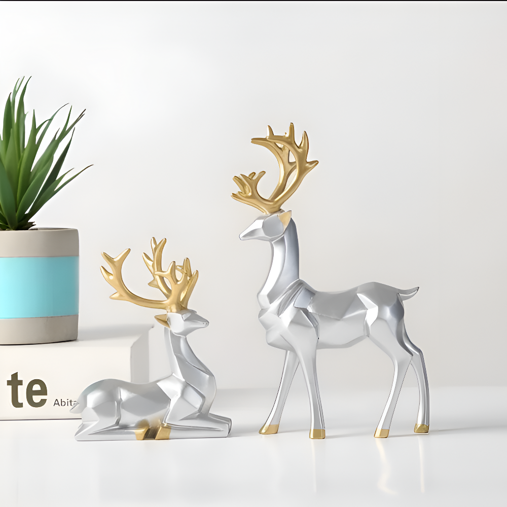 Modern 2-Piece Resin Decoration Set – Geometric Reindeer Figurines