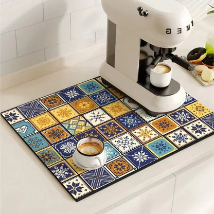 Absorbent Coffee Mat with Vintage Tile Pattern