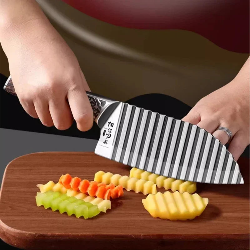 Kitchen Knife with Ribbed Blade and Wooden Handle
