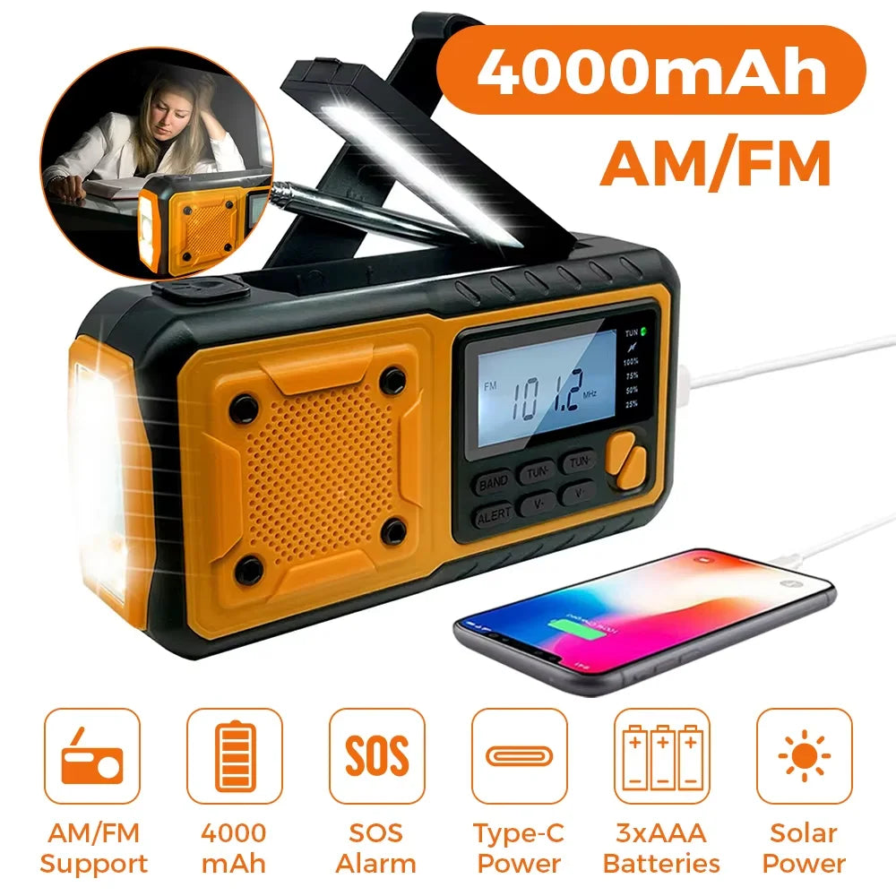 4-in-1 Emergency Solar Radio with SOS Alarm, LED Light & Power Bank – USB, Hand Crank & Solar Charging