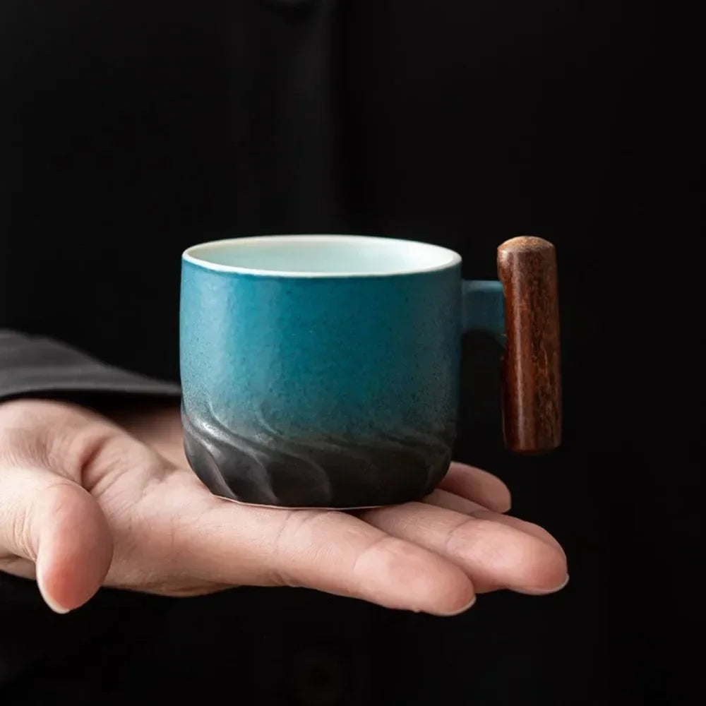Retro Ceramic Espresso Mugs Featuring Wooden Handles