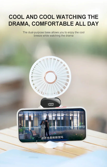 Portable Mini Fan 5000mAh – Wireless USB Rechargeable with Digital Screen and Phone Holder, 5-Speed Neck Hanging Design