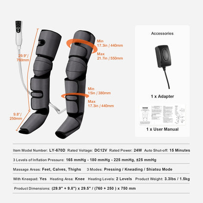 Air Compression Leg Massager with Heat – Full Foot, Calf, Thigh Wraps, 3 Modes & Intensities