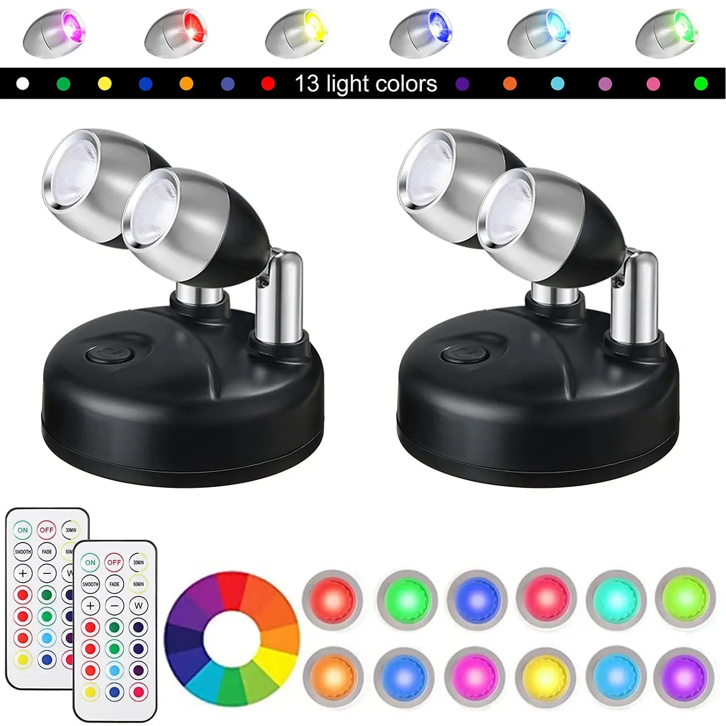 Wireless LED Spotlight Set of 2 with Remote Control – RGB Color Change & Timer, Adjustable for Photos, Cabinets & Walls