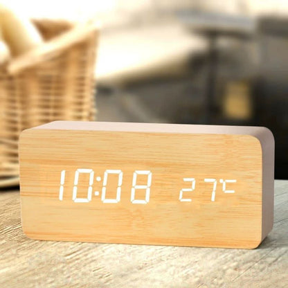 Natural Wood Digital Desk Clock with LED Display and Alarm Feature
