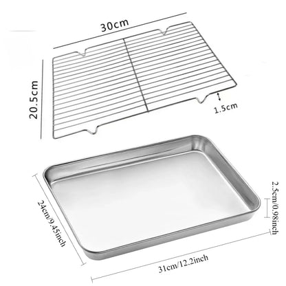 304 Stainless Steel Baking Sheet Set | Rectangular Grill Rack | Oven & BBQ Pan with Drip Tray