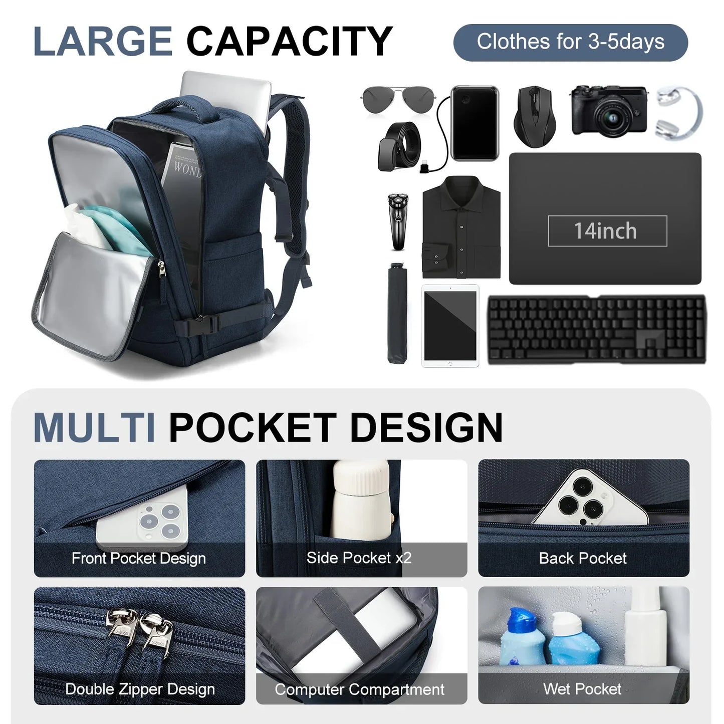 Waterproof Travel Backpack with 15.6" Laptop Compartment - Wet-Dry Separation