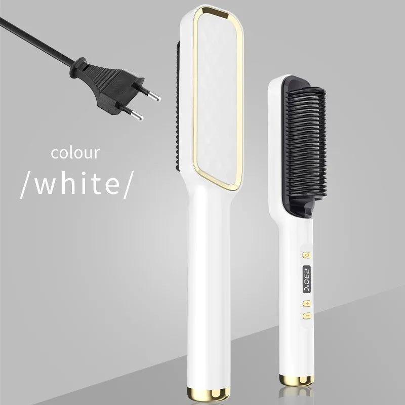 Hair Straightening Brush with LED Temperature Display & Anti-Scald Protection | 360° Rotating Cable